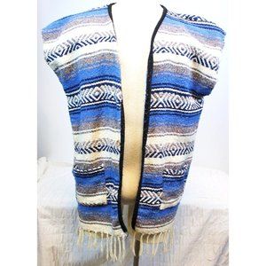 Handmade Mexican Blanket Vest Poncho Serape Fringe White Blue Striped Pockets
